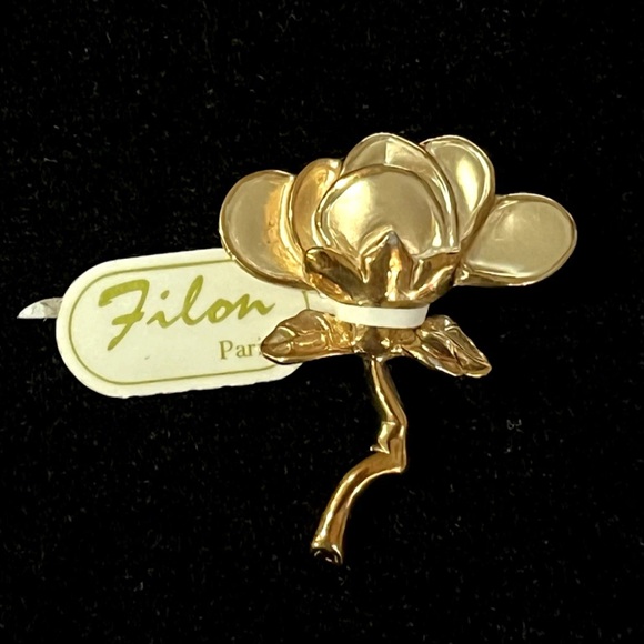 Filon Paris Rose Flower Brooch Pin Vtg RARE Gold Tone French Designer NWT New - Picture 1 of 9